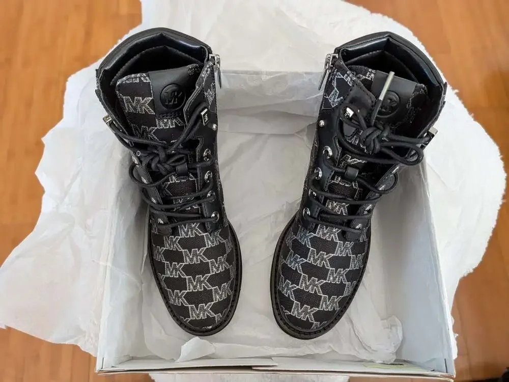 Michael Kors Trudy Bootie Met MK Outline JQD Lace Up Boot Black Size 6.5M
